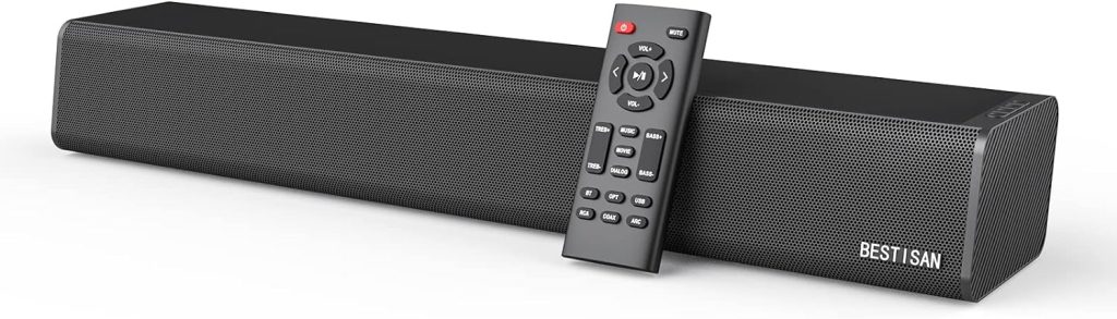 Sound Bar, BESTISAN 50 Watts Slim Sound Bars for TV with HDMI, Optical, Coaxial, AUX, USB Disk Connection and Bluetooth 5.0, 3 Equalizer Mode Audio, Bass and Treble Adjustable, 16 Inch, Mountable