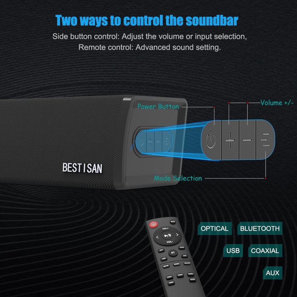Soundbar Bestisan TV Sound Bar Wired and Wireless Bluetooth 5.0 Speaker, 80W Sound Bar Home Audio System for TV, 24-Inch, Wall Mount, Treble/Bass Adjustable, Optical/Auxiliary USB/Coaxial Cable
