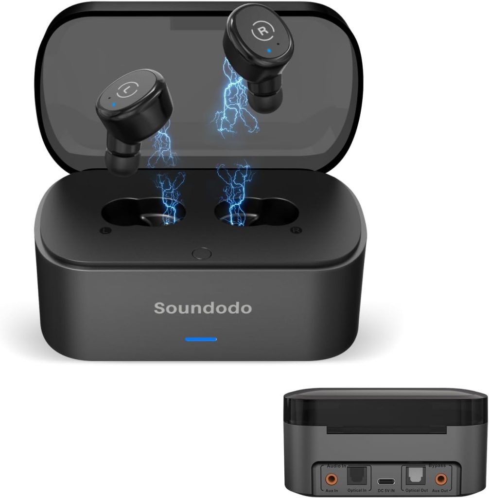 Soundodo Wireless Earbuds for Tv Listening Watching with Transmitter Charging Dock,2023 New TWS Ture Wireless Earbuds for tv with Transmitter Set,Optical,3.5mm AUX,RCA,Plug n Play,60ft Long Range