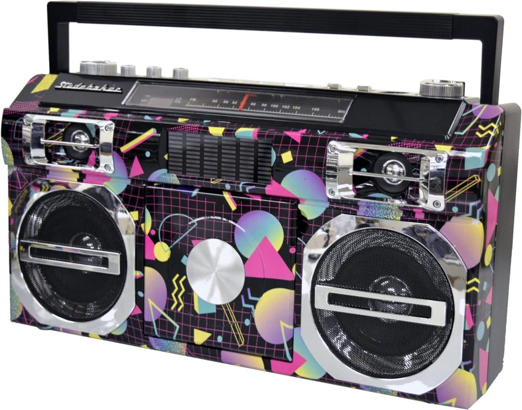 Studebaker SB2145PP 80s Retro Street Bluetooth Boombox with FM Radio, CD Player, LED EQ, 10 Watts RMS and AC/DC in Purple Pattern
