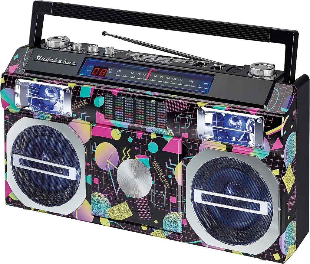 Studebaker SB2145PP 80s Retro Street Bluetooth Boombox with FM Radio, CD Player, LED EQ, 10 Watts RMS and AC/DC in Purple Pattern