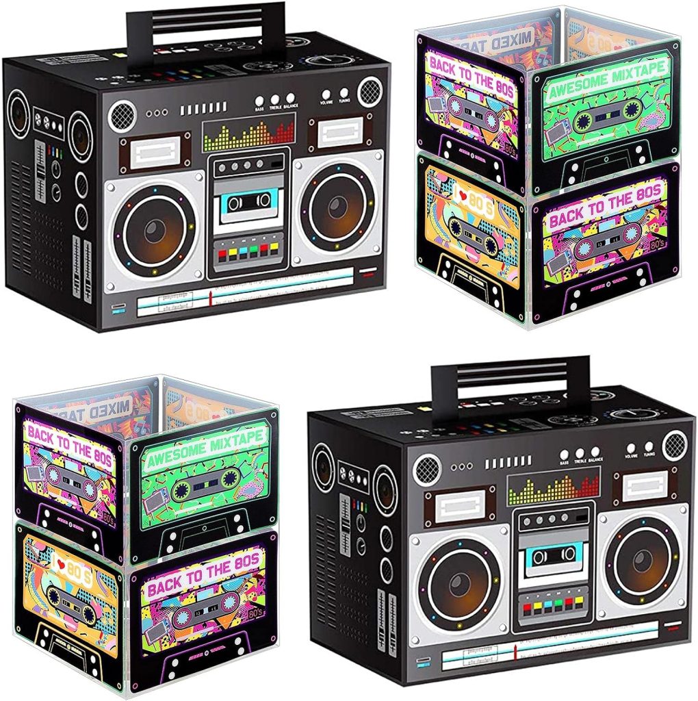 Sumind 80s 90s Party Decorations Include 80s 90s Theme Cassette Tape Bucket Centerpiece and Boom Box Table Centerpieces for Retro Party, Hip Hop Party, Theme Party Decorations (4 Pieces)