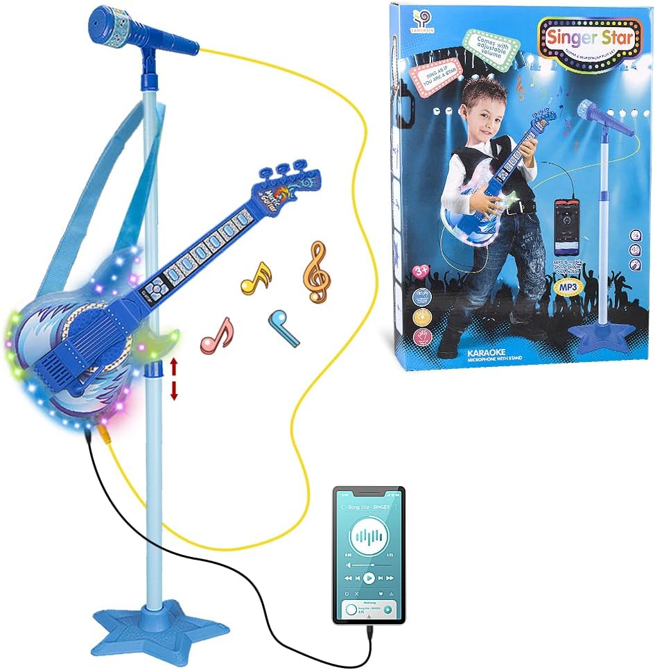 TAKIHON Guitar and Microphone Set for Kids,Guitar Toys with MusicColorful Light,Adjustable Height Microphone with Stand,Karaoke Toys Gift for Boy,Girls,Toddlers(Blue)-Upgraded