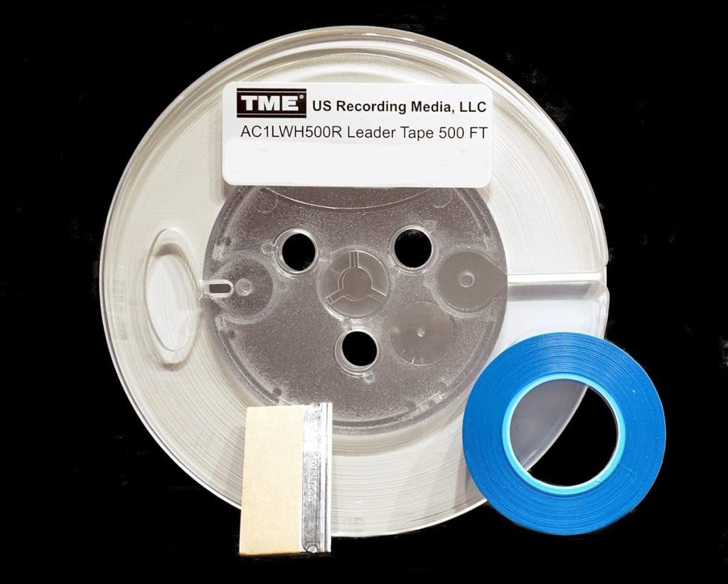 TME Leader Tape Open Reel Audio Opaque White 1/4 Inch x 500 Ft with Splicing Tape and GEM Media Blade AC1LWH500R-A