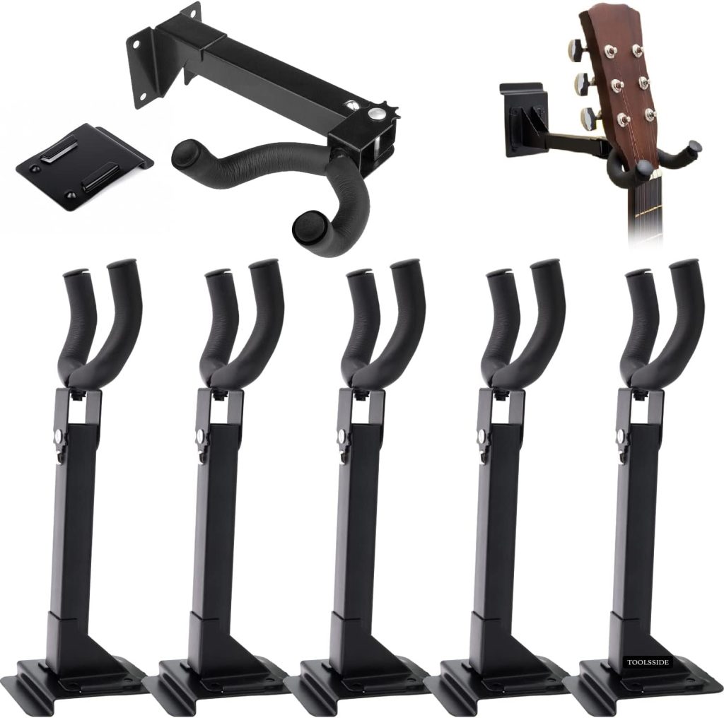 TOOLSSIDE 5 Pcs Guitar Hanger Wall Mount Hook Stand 180 - Guitar Hooks for Wall Adjustable with Slat Adapter - Guitar Wall Mount for Electric Acoustic and Bass Guitars