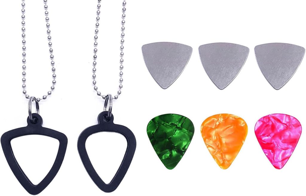 TUOREN 2 Set Guitar Pick Holder Necklace with 3pcs Stainless Steel Picks 3 Colorful Celluloid Pick for Electric Guitar Bass Ukulele Guitarists Picks Storage Necklace