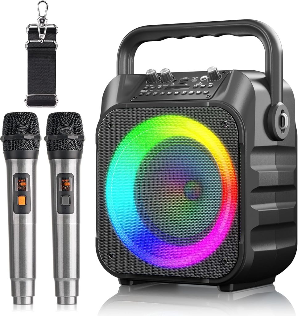 VerkTop Karaoke Machine, Bluetooth Karaoke Speaker Machine for Adults Kids with 2 Wireless Mics, Portable PA System with Colorful LED Party Lights, Supports TWS/USB/Bluetooth/TF/AUX