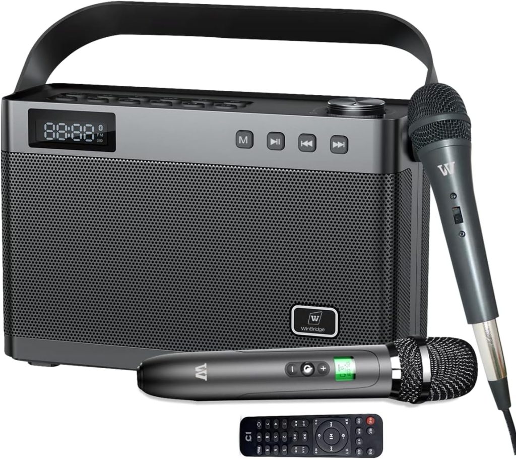 WinBridge Karaoke Machine with Wireless Microphones, Portable Bluetooth Speaker with Bass/Treble/Shoulder Strap, PA System with Remote Control, Professional Karaoke Speaker for Party T9