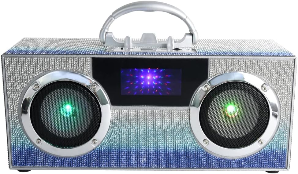 Wireless Express - Mini Boombox with LED Speakers – Retro Bluetooth Speaker w/Enhanced FM Radio - Perfect for Home and Outdoor (Blue Bling)