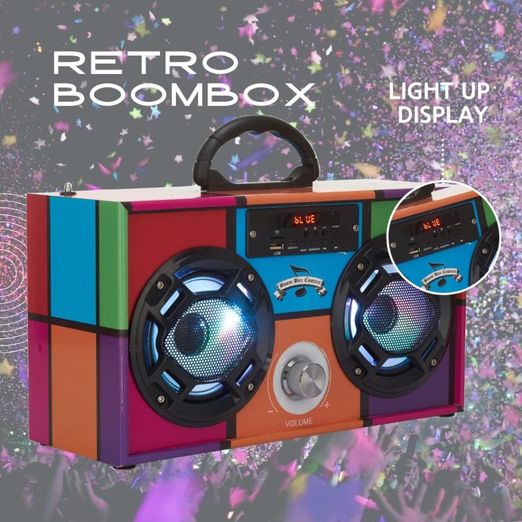 Wireless Express - Mini Boombox with LED Speakers – Retro Bluetooth Speaker w/Enhanced FM Radio - Perfect for Home and Outdoor (Retro)