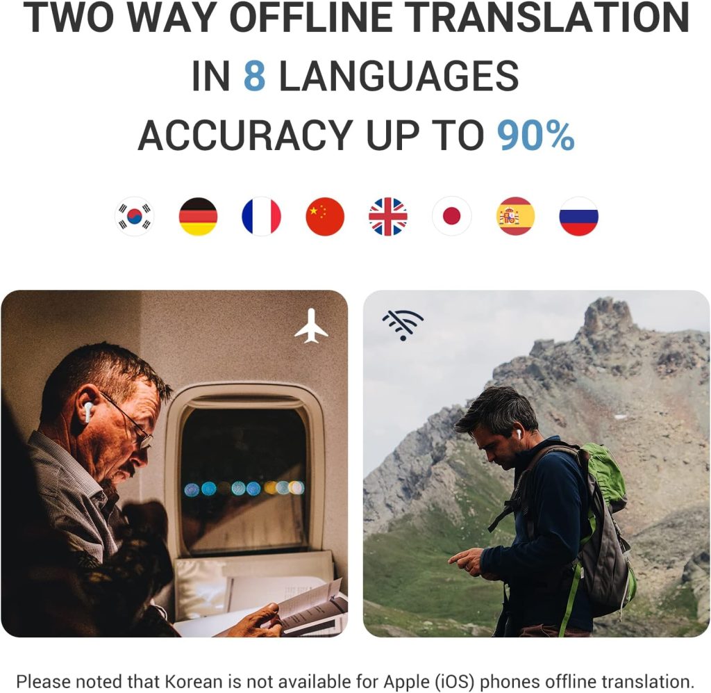 Wooask Offline Translator Earbuds 71 Languages and 56 Accents 3 in 1 Translator Earphones Music Calling and Translation Two Way 97% High Accuracy for Business Travel Daily Communication