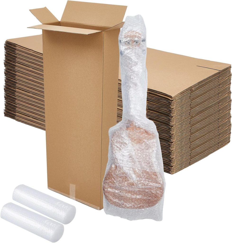 Yeaqee 10 Pcs 18 x 6 x 45 Inch Guitar Shipping Box Side Loading Boxes Corrugated Cardboard Box with 4 Rolls Bubble Cushioning Wrap (9.8ft Each) for Guitar Packing Shipping Moving Mailing and Storage : Office Products