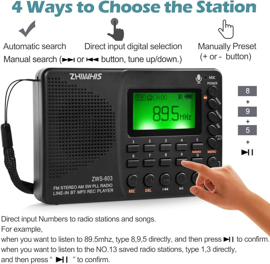 ZHIWHIS Portable Bluetooth Radio, FM AM Shortwave Radios with Sleep Timer and Preset Function, Rechargeable Digital Recorder, Stereo MP3 Player with Lyric Display, Support Micro SD Card and AUX